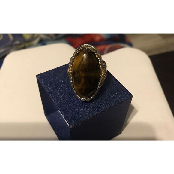 Gorgeous 30 Carat Genuine African Tiger Eye Gemstone Filigree Ring Sz 8 - Picture 2 of 5